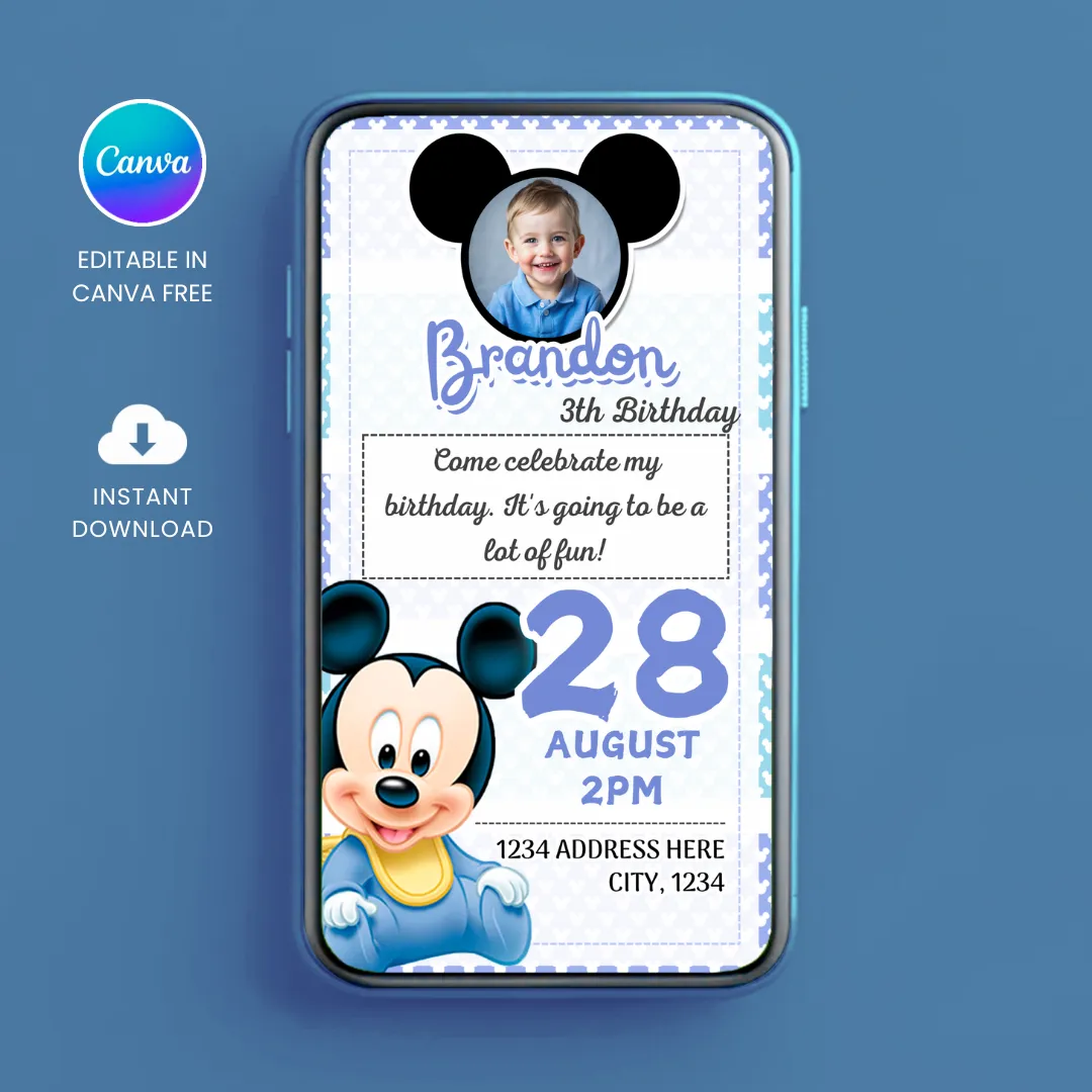 Editable Mickey Birthday Digital Invitation Canva