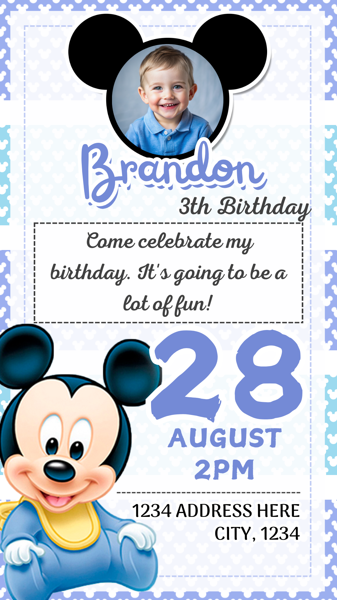 Editable Mickey Birthday Digital Invitation Canva