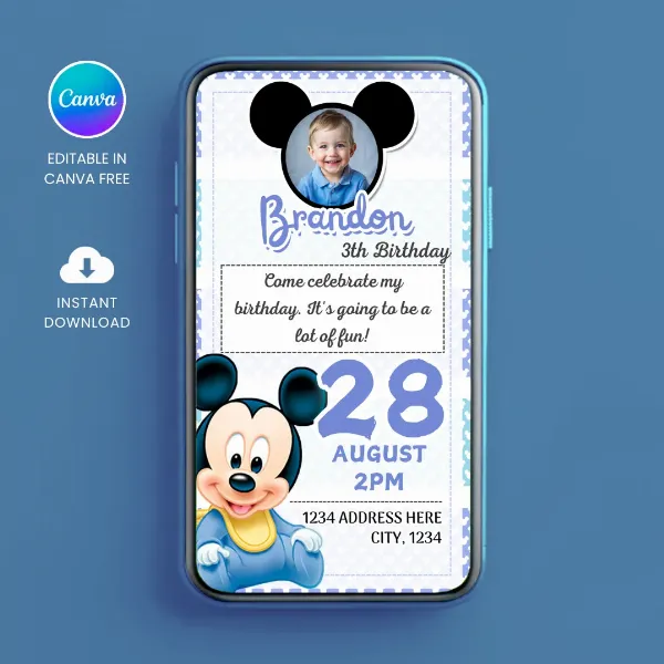 Editable Mickey Birthday Digital Invitation Canva